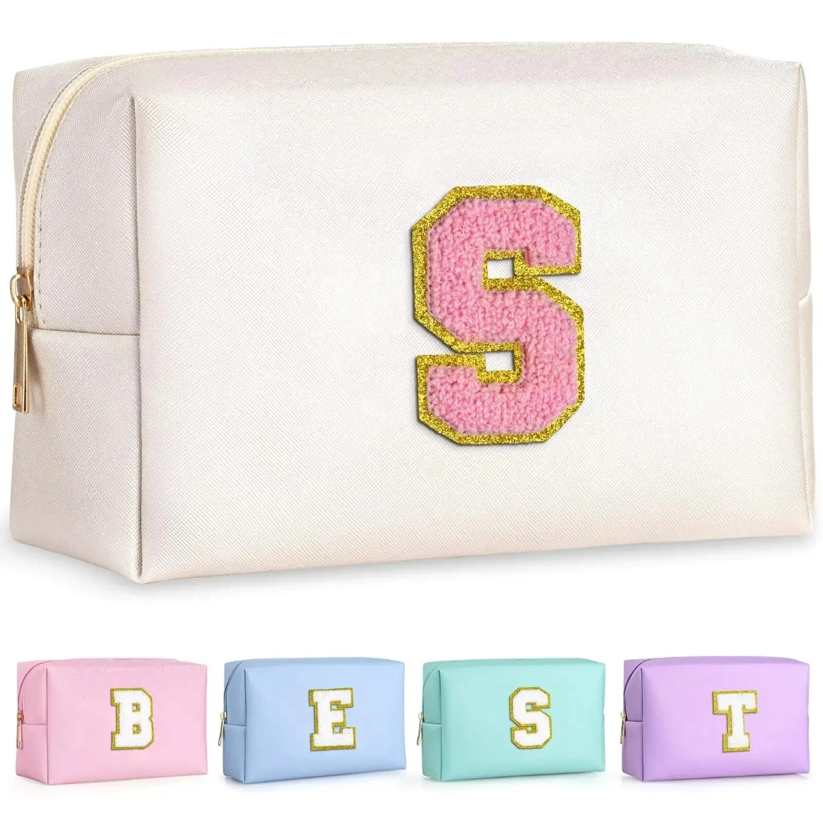 Monogrammed Cosmetic Bag for Women, Preppy Small PU Leather Makeup & Toiletry Bag, Pearly White-Pink