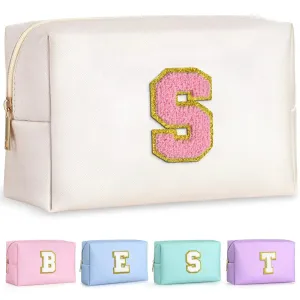 Monogrammed Cosmetic Bag for Women, Preppy Small PU Leather Makeup & Toiletry Bag, Pearly White-Pink