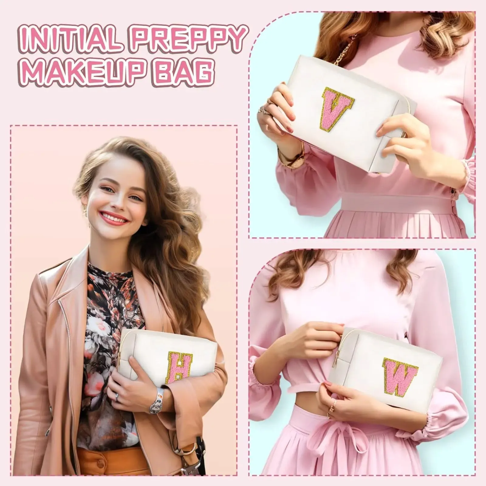 Monogrammed Cosmetic Bag for Women, Preppy Small PU Leather Makeup & Toiletry Bag, Pearly White-Pink