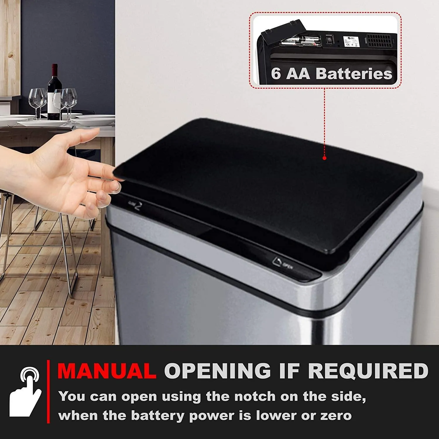 Motion Sensor Waste Bin, Rectangular Touchless Motion Sensor Sensing Touch Free Stainless Steel Kitchen Waste Rubbish Bin Large 60L with Divider for Recycling and Waste Silver