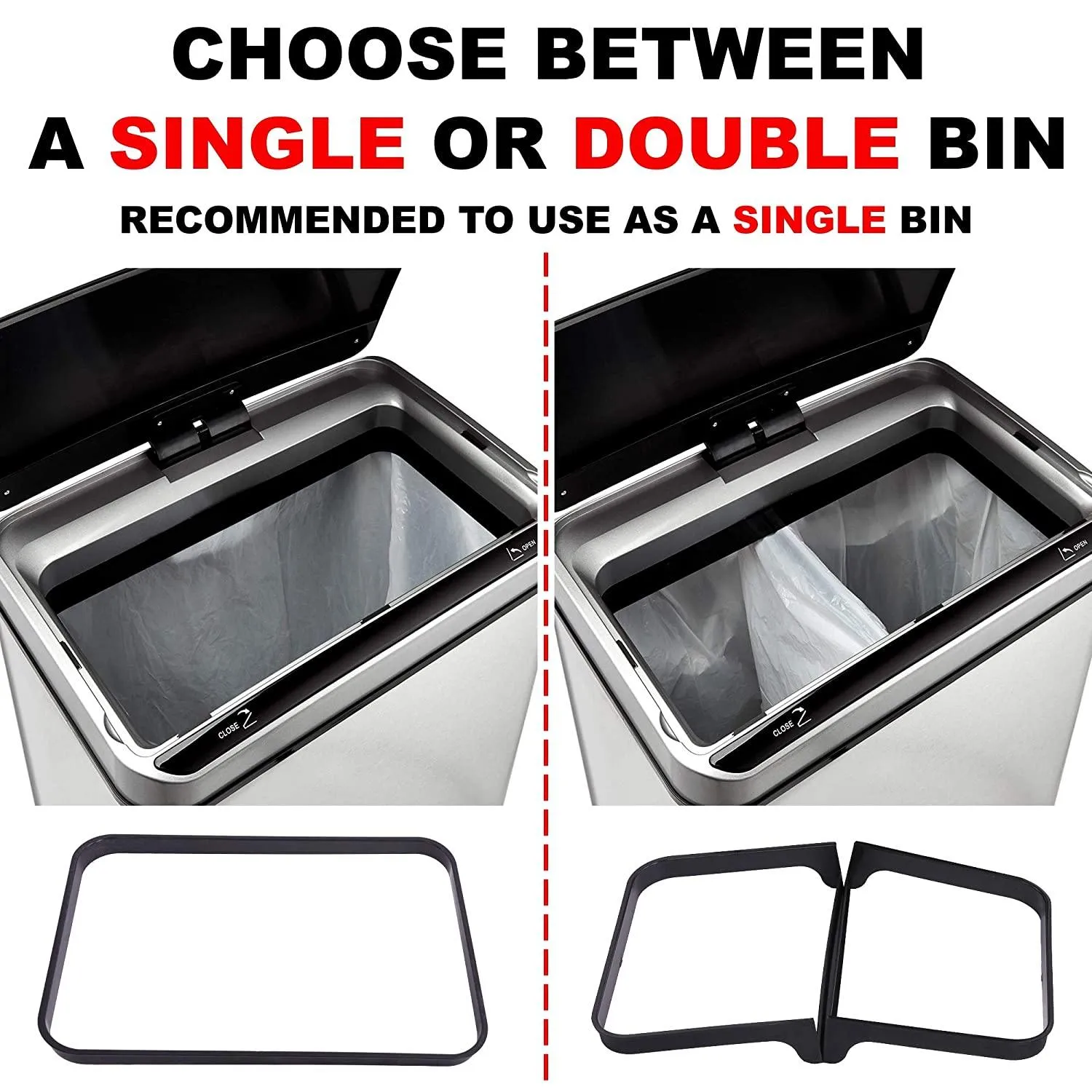 Motion Sensor Waste Bin, Rectangular Touchless Motion Sensor Sensing Touch Free Stainless Steel Kitchen Waste Rubbish Bin Large 60L with Divider for Recycling and Waste Silver