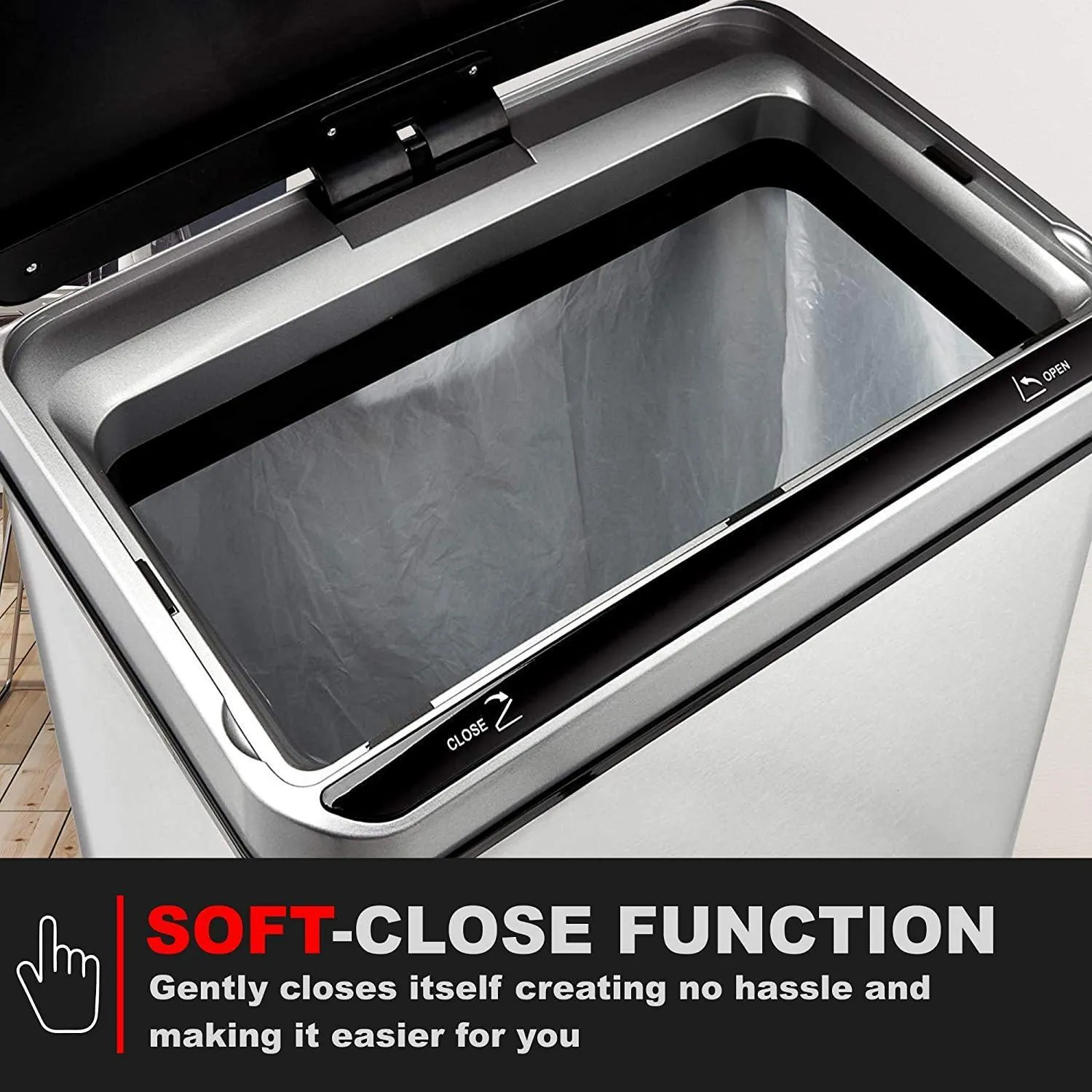 Motion Sensor Waste Bin, Rectangular Touchless Motion Sensor Sensing Touch Free Stainless Steel Kitchen Waste Rubbish Bin Large 60L with Divider for Recycling and Waste Silver