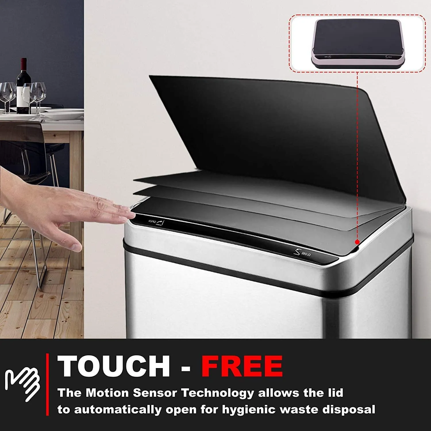 Motion Sensor Waste Bin, Rectangular Touchless Motion Sensor Sensing Touch Free Stainless Steel Kitchen Waste Rubbish Bin Large 60L with Divider for Recycling and Waste Silver