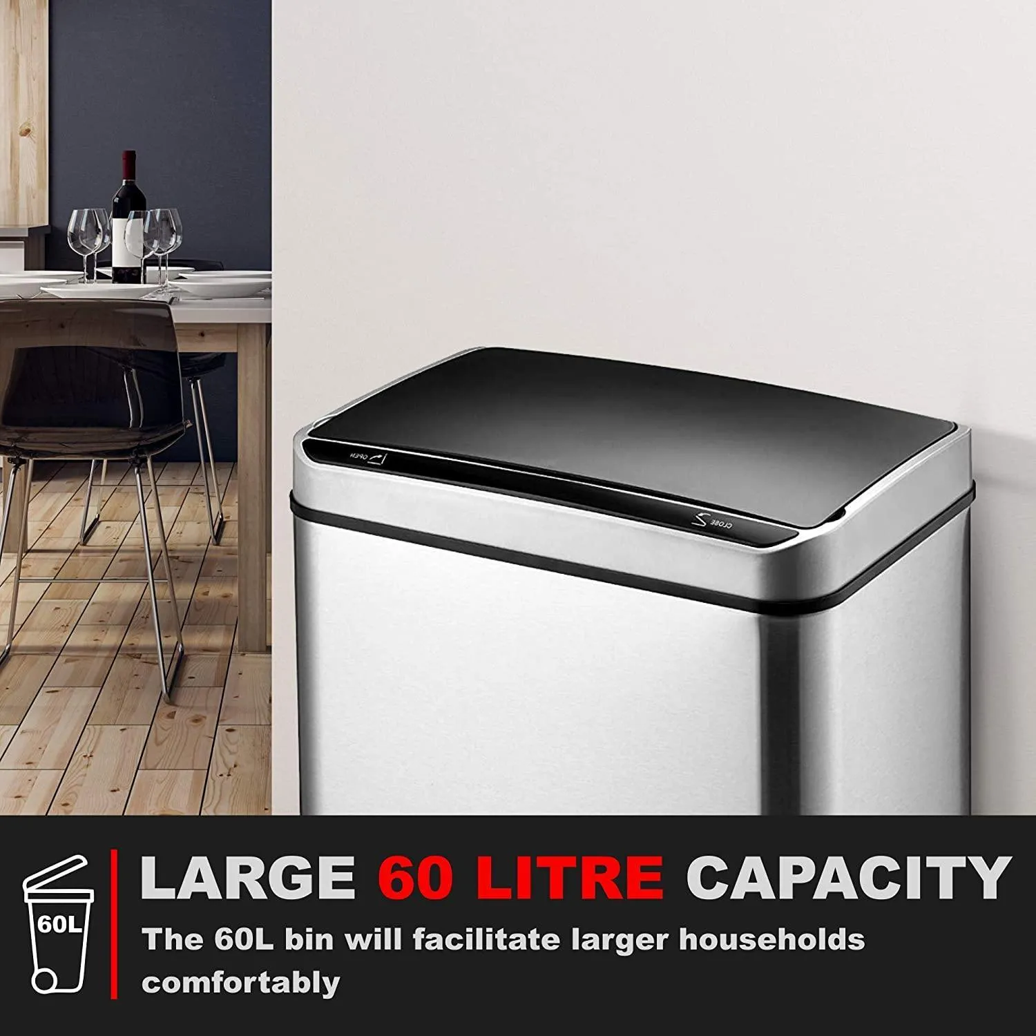 Motion Sensor Waste Bin, Rectangular Touchless Motion Sensor Sensing Touch Free Stainless Steel Kitchen Waste Rubbish Bin Large 60L with Divider for Recycling and Waste Silver