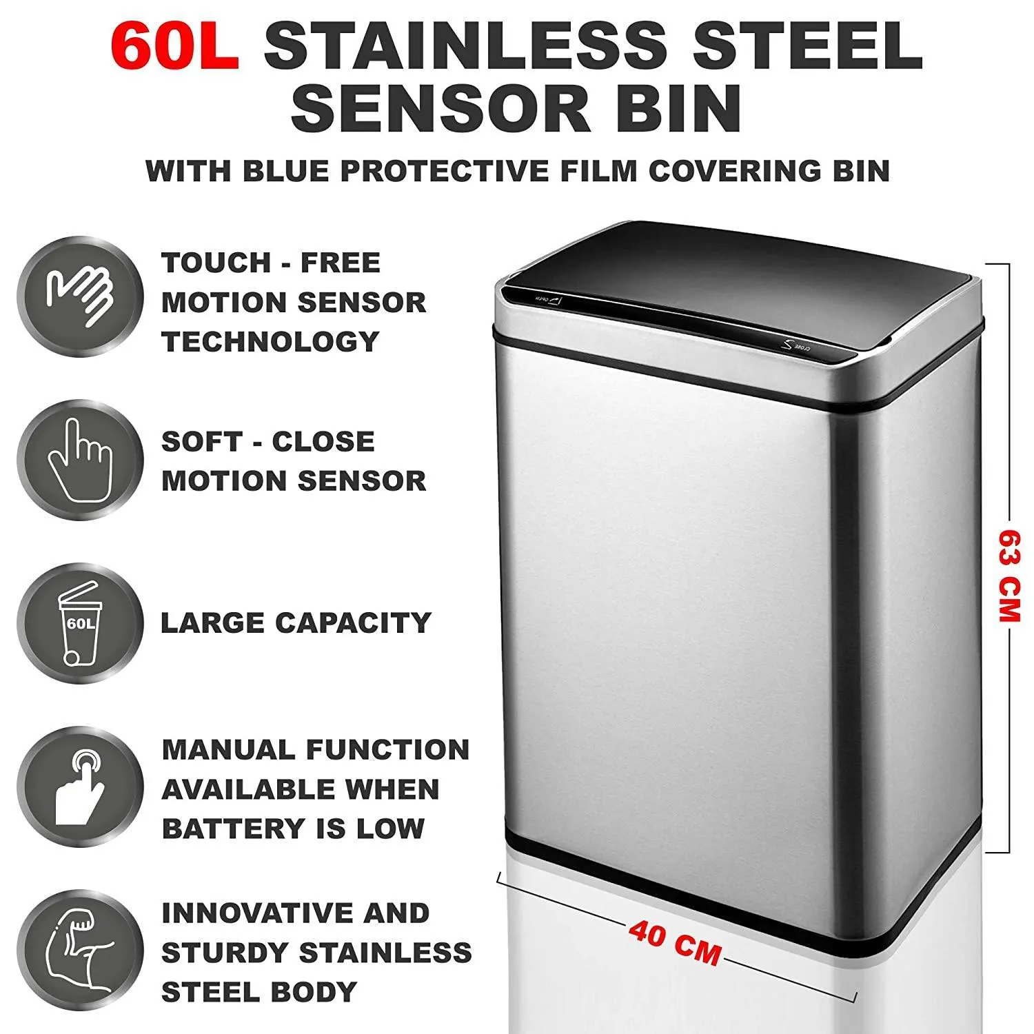 Motion Sensor Waste Bin, Rectangular Touchless Motion Sensor Sensing Touch Free Stainless Steel Kitchen Waste Rubbish Bin Large 60L with Divider for Recycling and Waste Silver