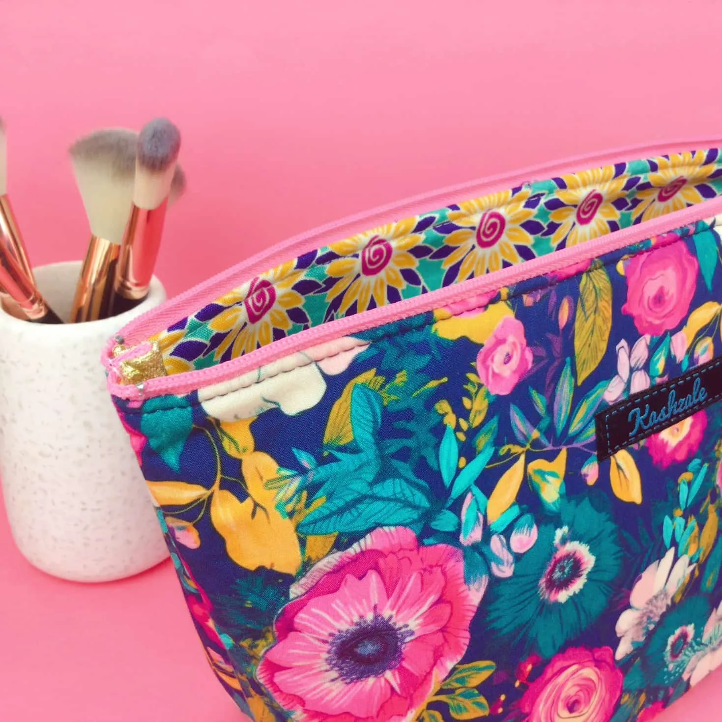 Navy and Pink Floral Large Makeup Bag.