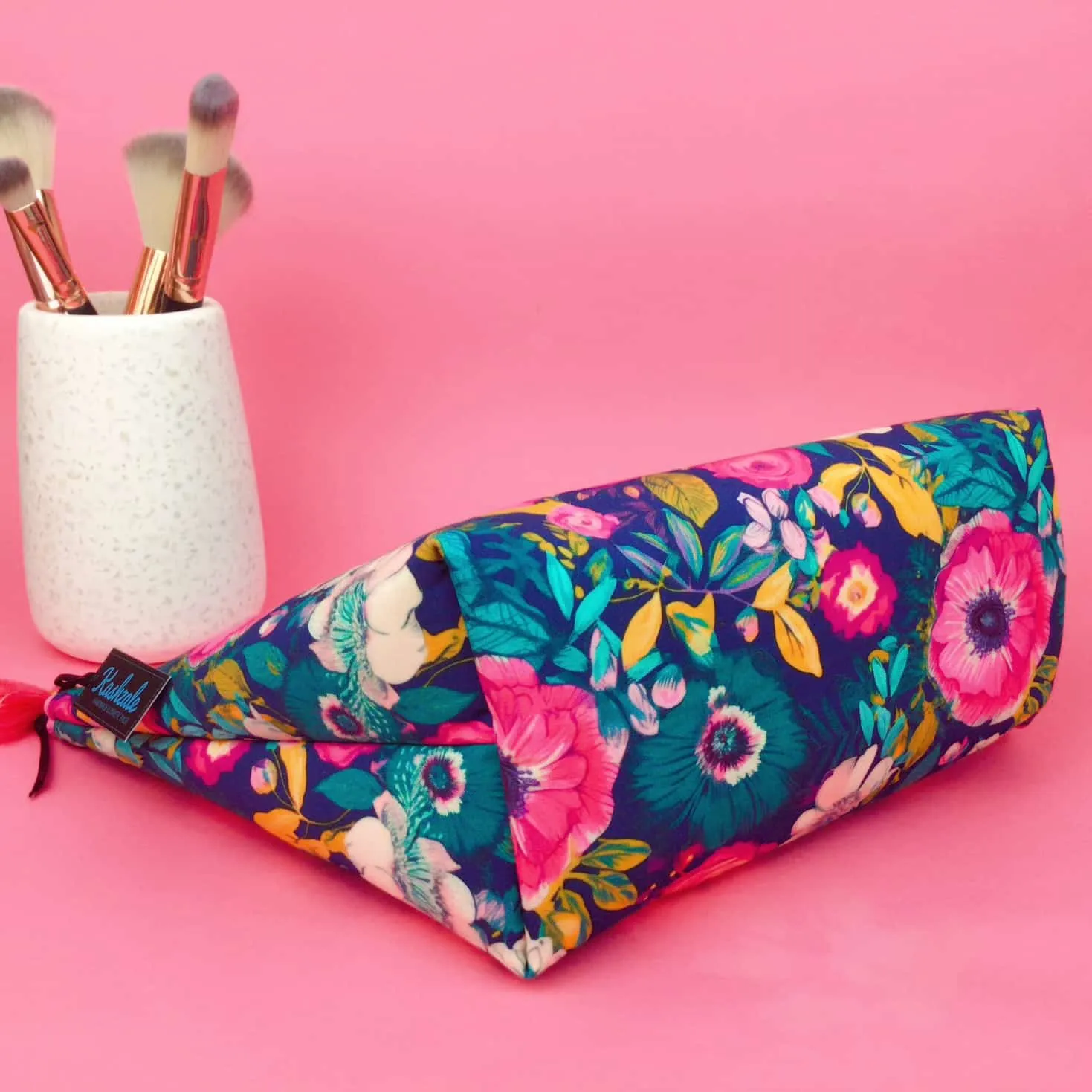 Navy and Pink Floral Large Makeup Bag.