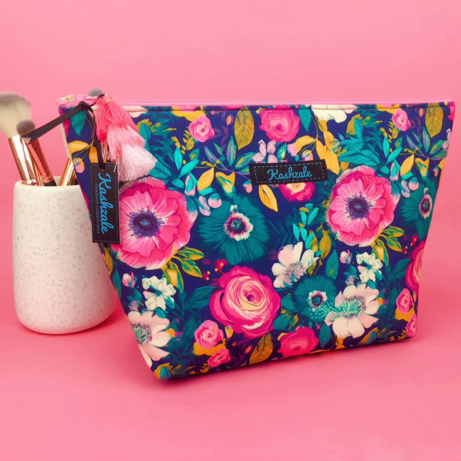 Navy and Pink Floral Large Makeup Bag.