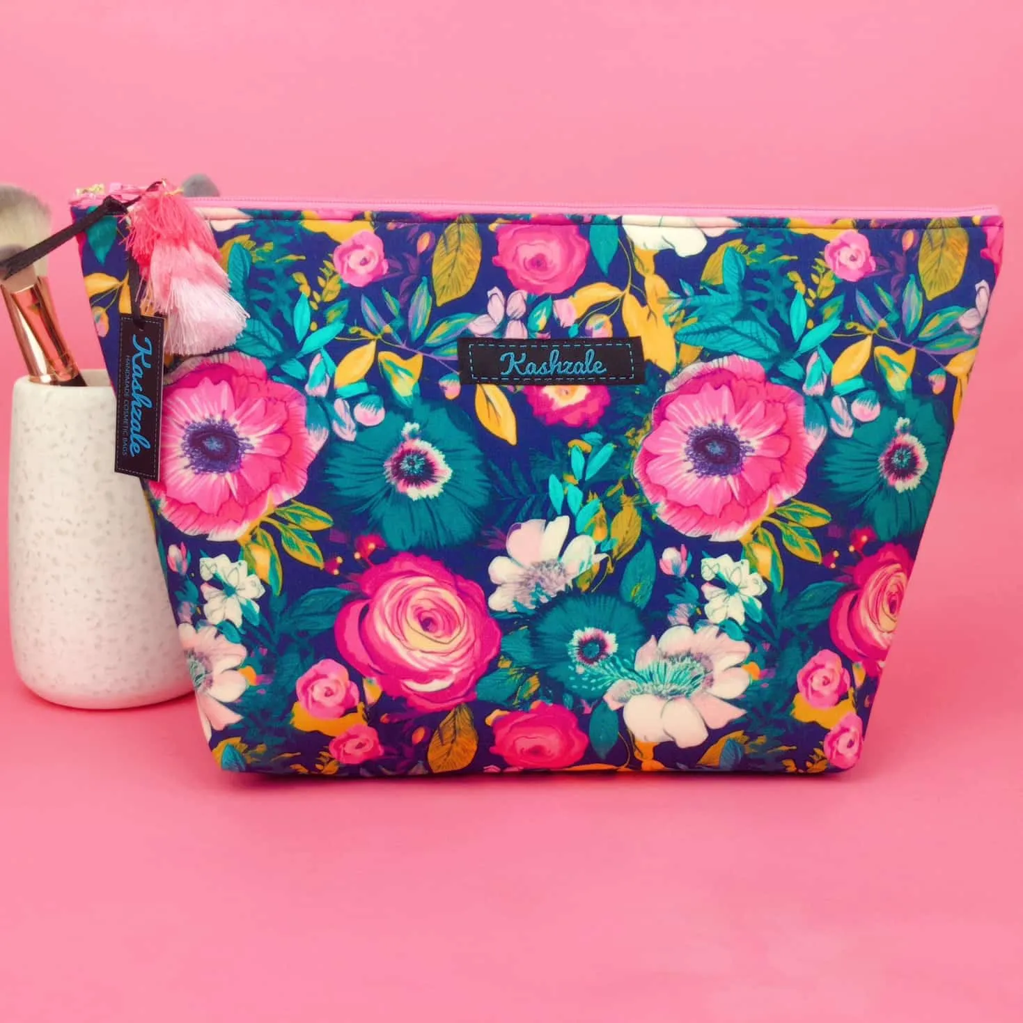 Navy and Pink Floral Large Makeup Bag.