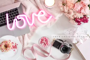 Neon Love, Laptop & Flowers, Styled Image
