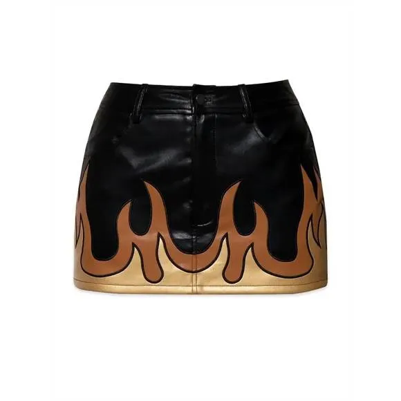 NEW REHAB LAB flame patterned leather jacket skirt set in black gold