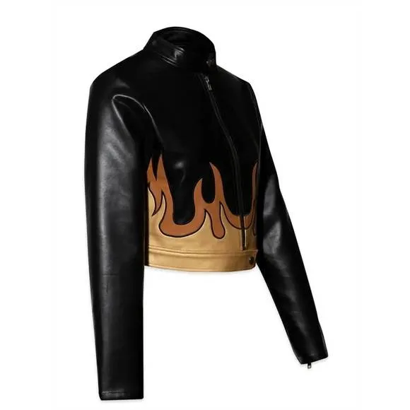 NEW REHAB LAB flame patterned leather jacket skirt set in black gold