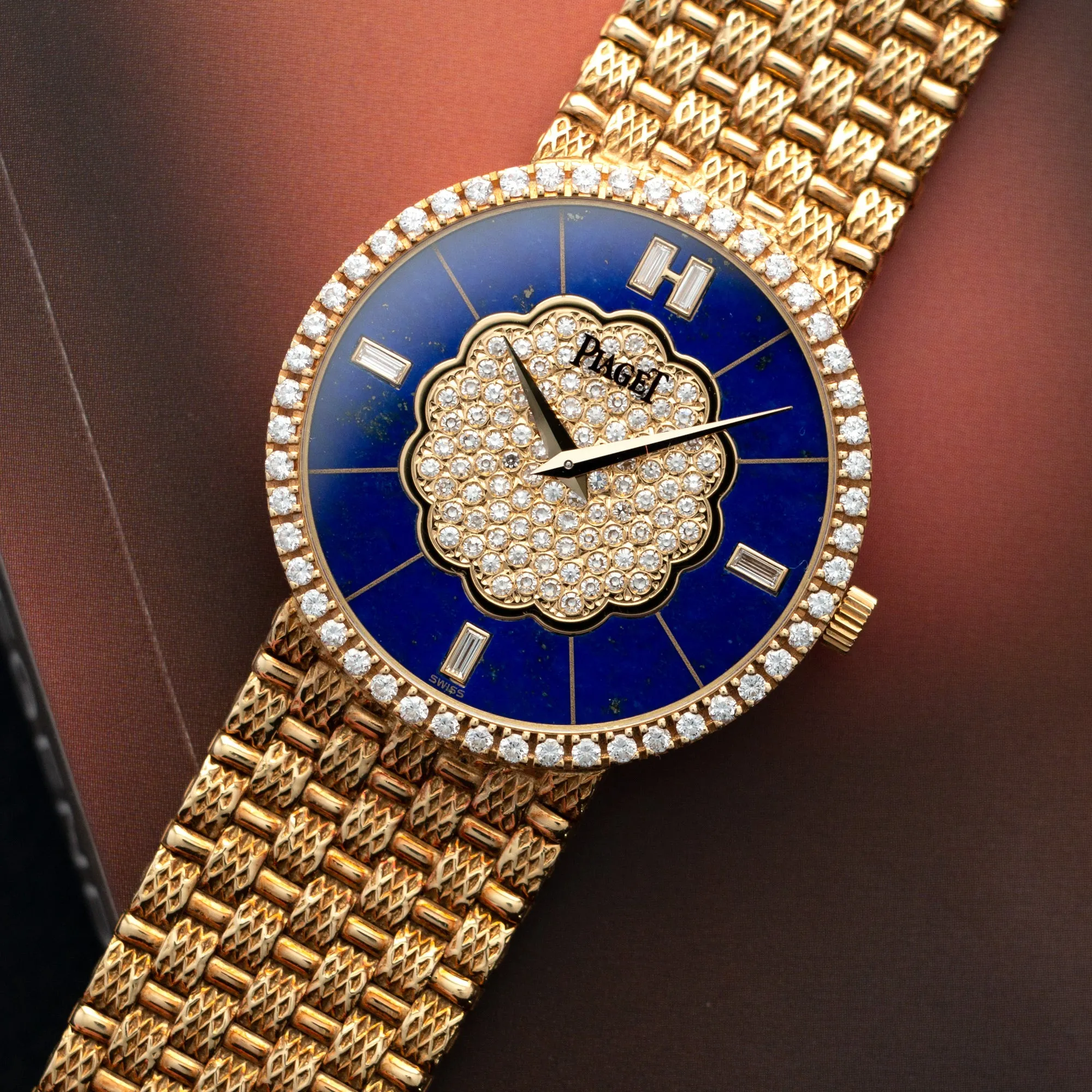 Piaget Yellow Gold Watch Ref. 9066 with Diamond Bezel and Lapis and Diamond Dial