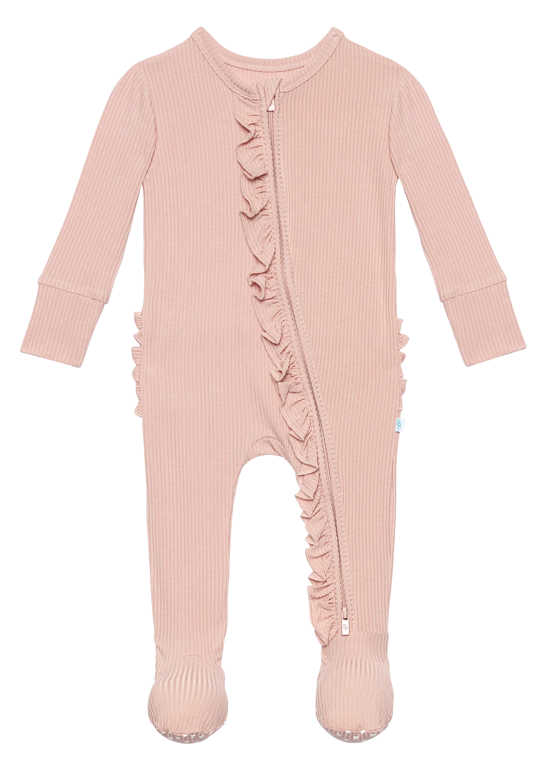 Posh Peanut Solid Ribbed Sweet Pink Ruffled Zippered Footie