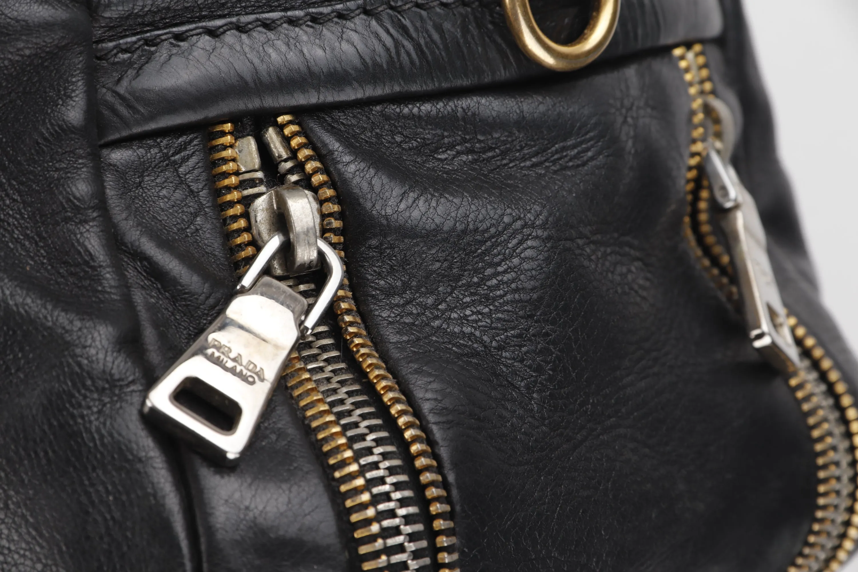 PRADA PLAQUE ZIPPERS BAULETTO BAG DARK BLUE GLACE CALF LEATHER SILVER MIX GOLD HARDWARE, WITH CARD, NO DUST COVER