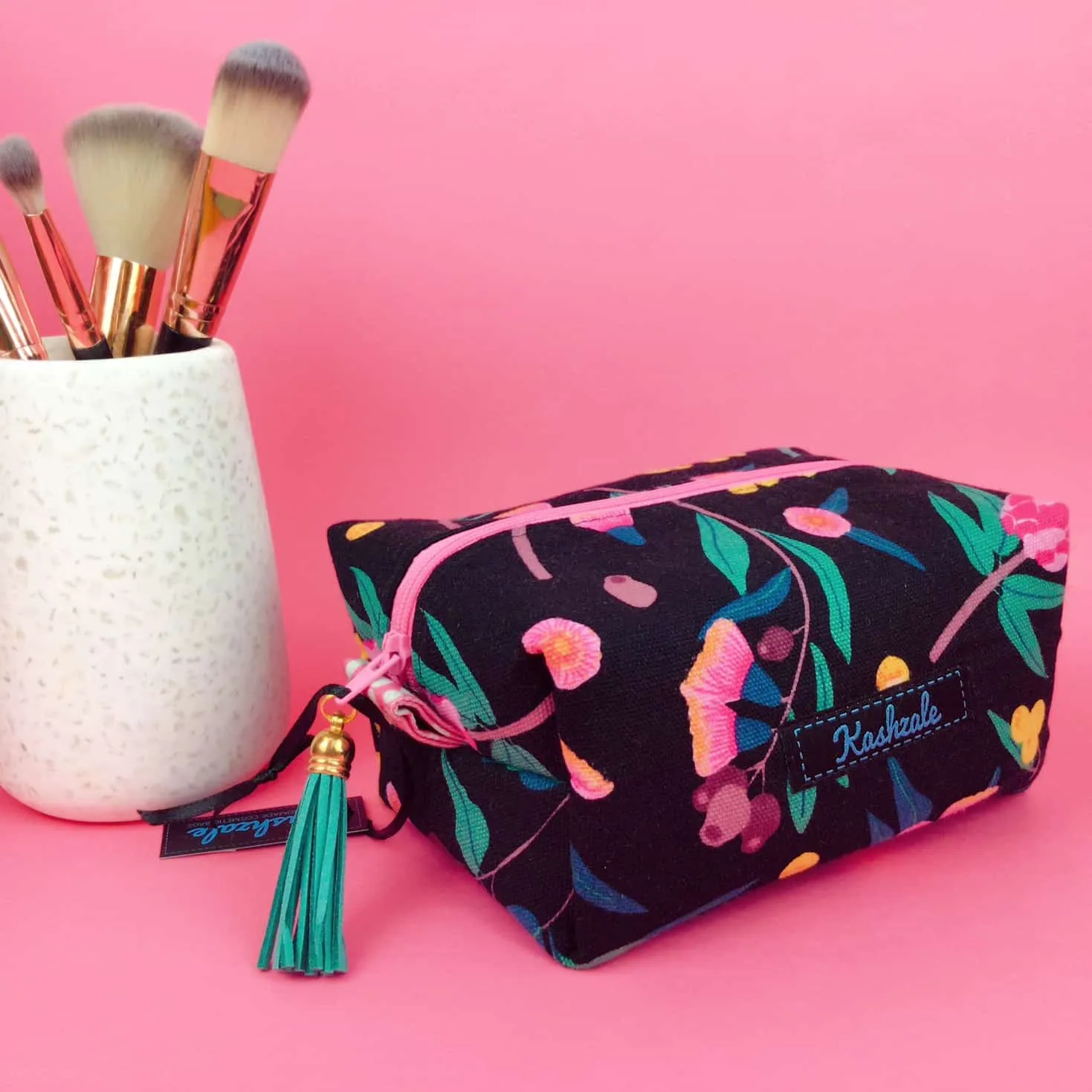 Protea Medium Box Makeup Bag.  Black and Pink