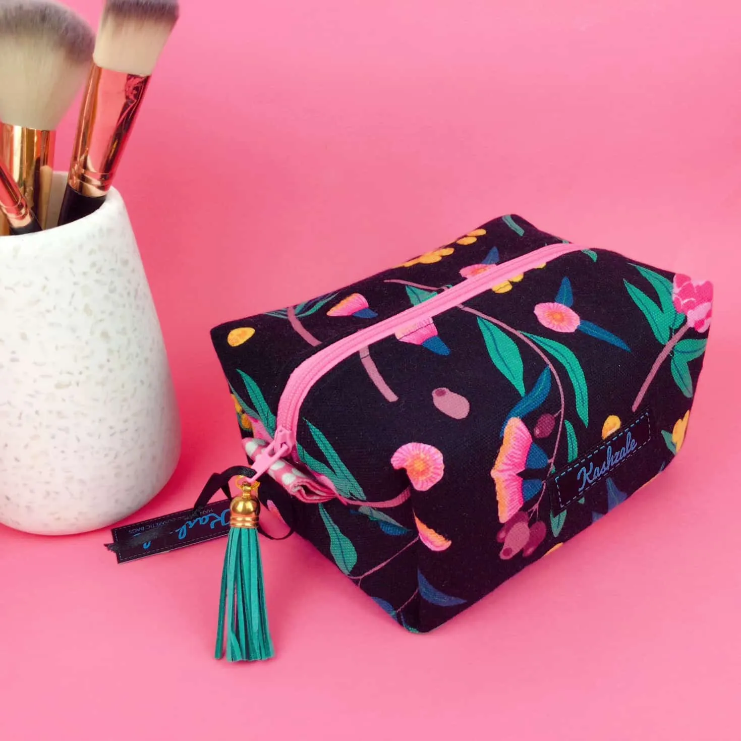 Protea Medium Box Makeup Bag.  Black and Pink