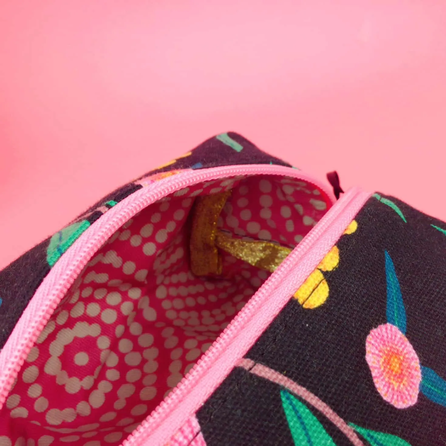 Protea Medium Box Makeup Bag.  Black and Pink