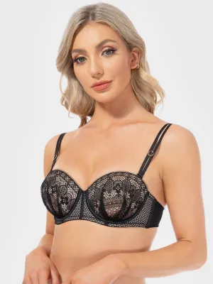 Push Up Full Figure Strapless Pleated Lace Multiway Bra Black