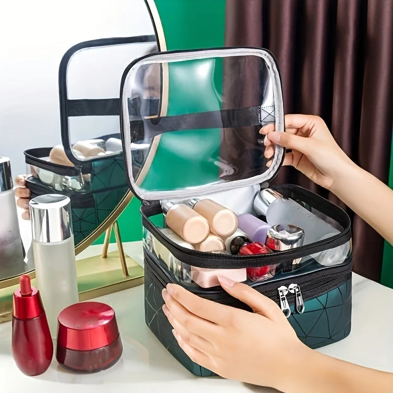realaiot  Clear Makeup Bag Organizers, Waterproof PVC Double Layer Cosmetic Bag, Portable Travel Toiletry Bags