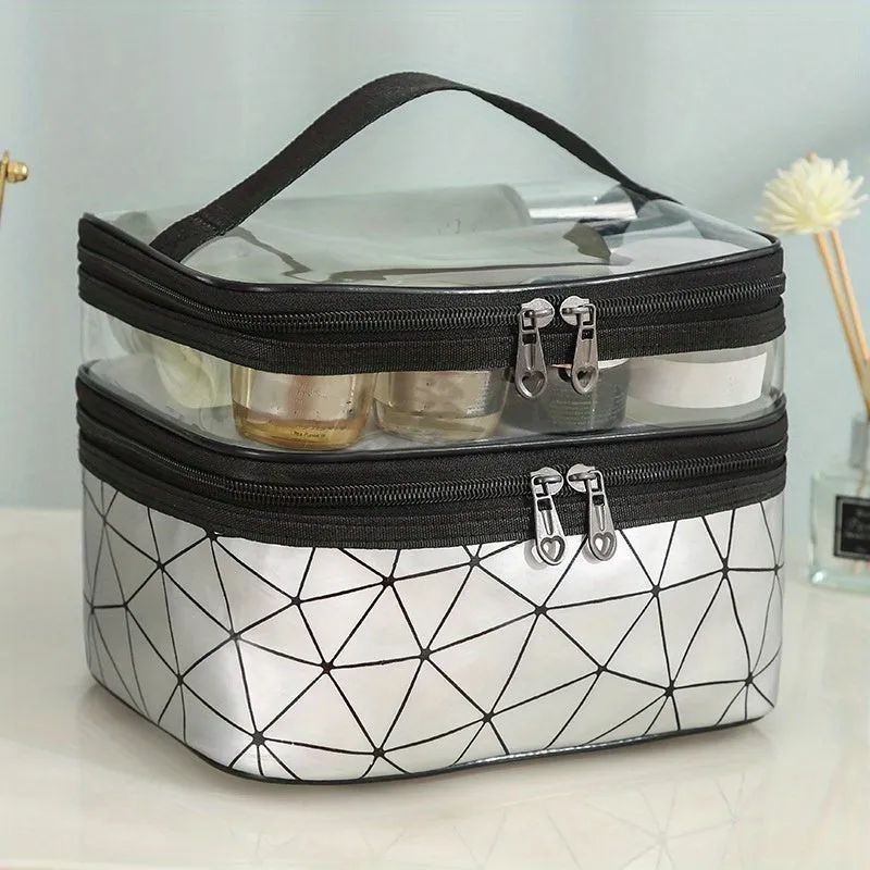 realaiot  Clear Makeup Bag Organizers, Waterproof PVC Double Layer Cosmetic Bag, Portable Travel Toiletry Bags