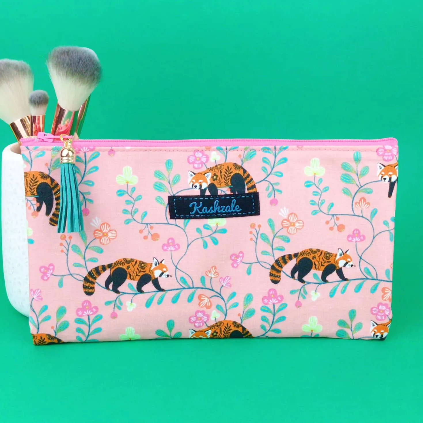 Red Panda Zipper Pouch, Travel Pouch.  Coral Travel Pouch