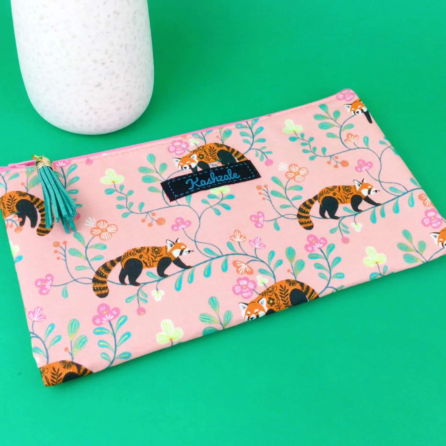 Red Panda Zipper Pouch, Travel Pouch.  Coral Travel Pouch