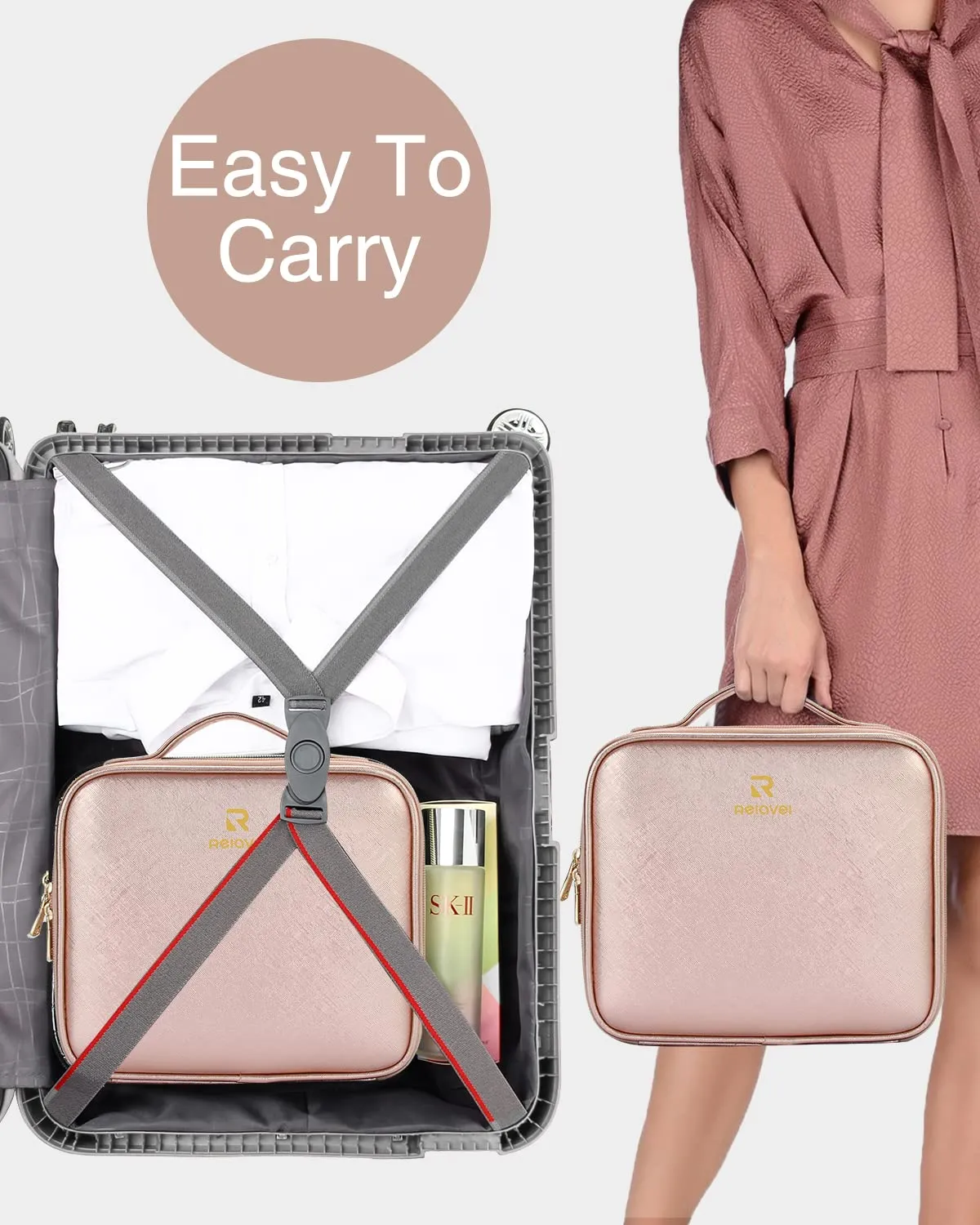 Relavel Travel Makeup Train Case Makeup Cosmetic Case Organizer Portable Artist Storage Bag with Adjustable Dividers for Cosmetics Makeup Brushes Toiletry Jewelry Digital (Rose Gold)