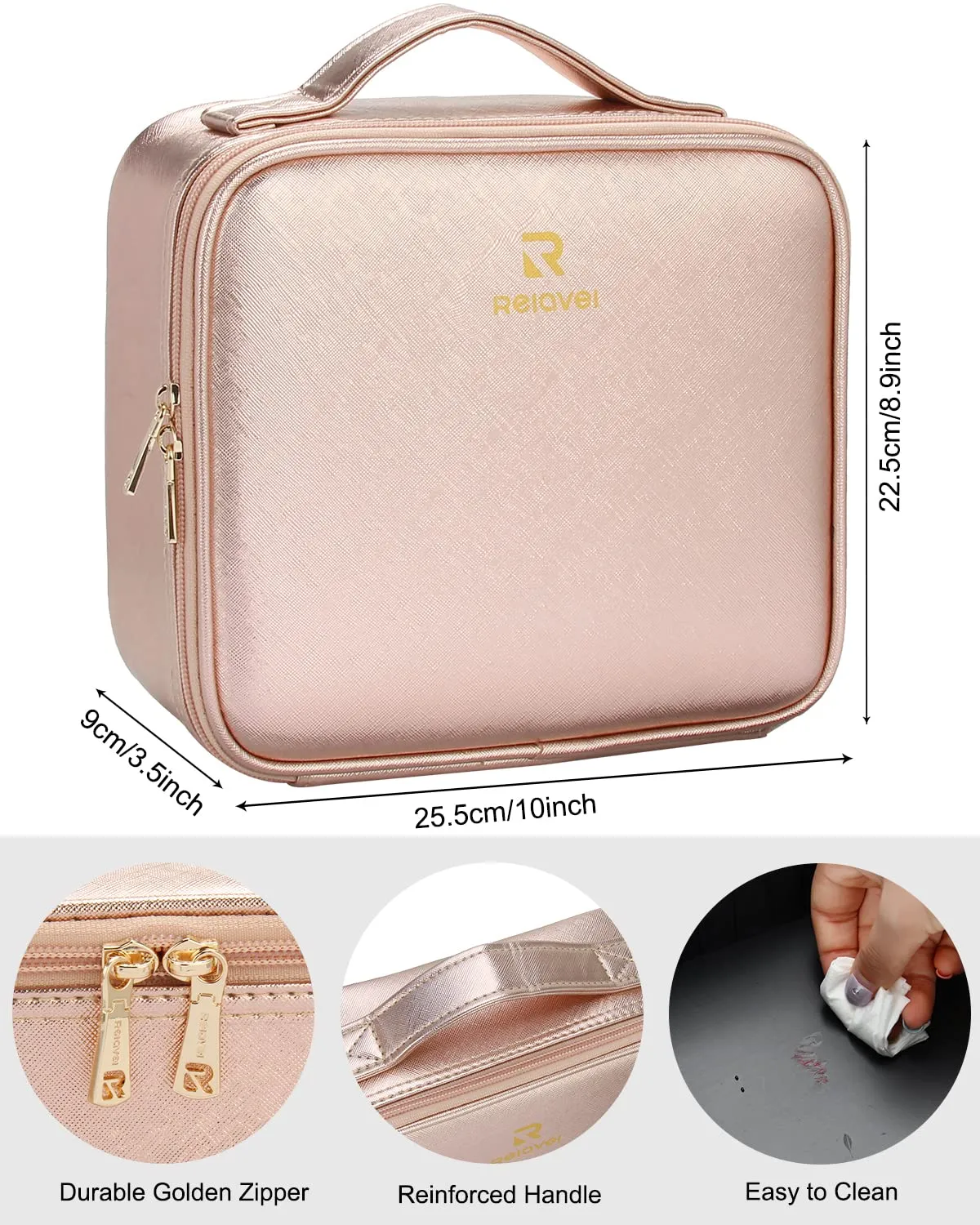Relavel Travel Makeup Train Case Makeup Cosmetic Case Organizer Portable Artist Storage Bag with Adjustable Dividers for Cosmetics Makeup Brushes Toiletry Jewelry Digital (Rose Gold)