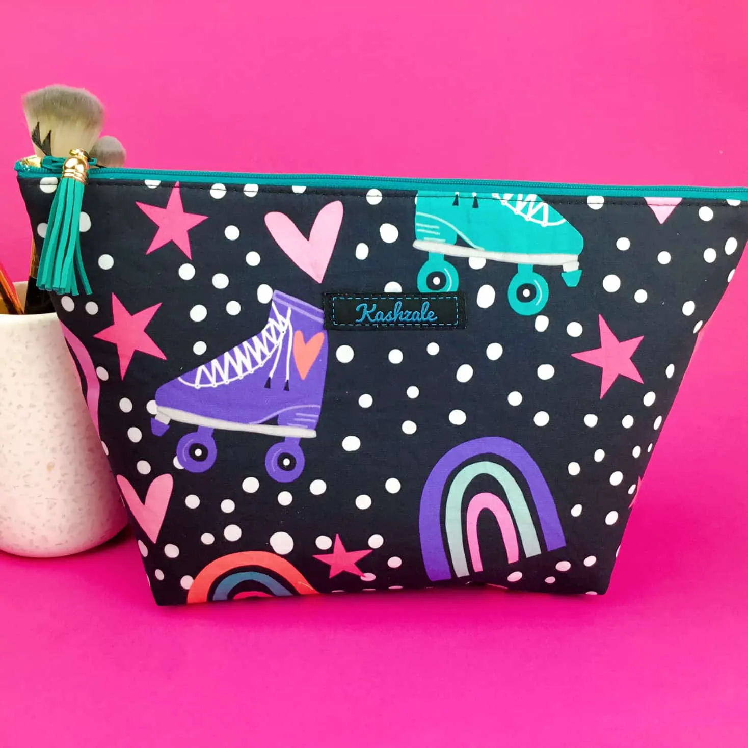 Roller Skating Rainbow Large Makeup Bag.