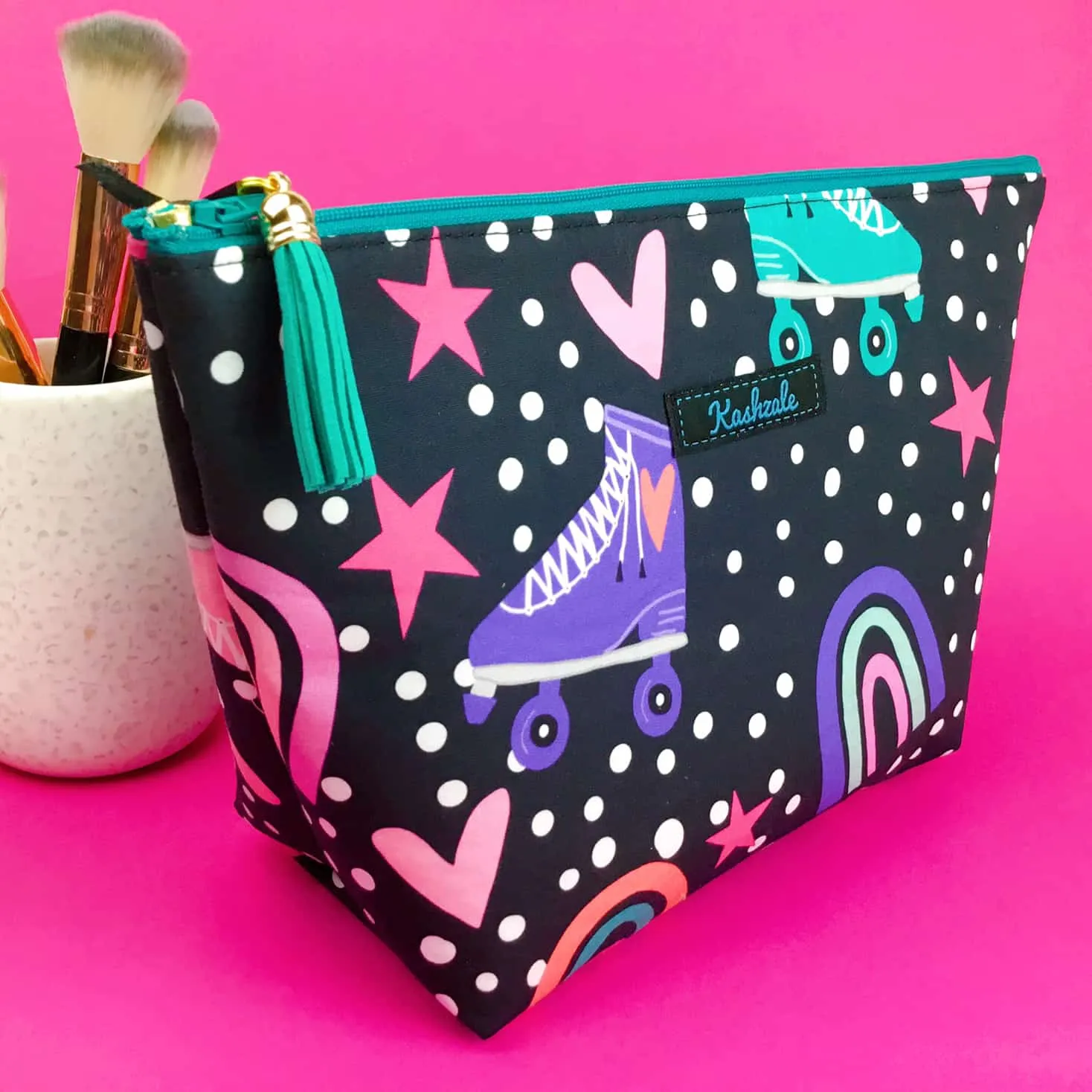 Roller Skating Rainbow Large Makeup Bag.