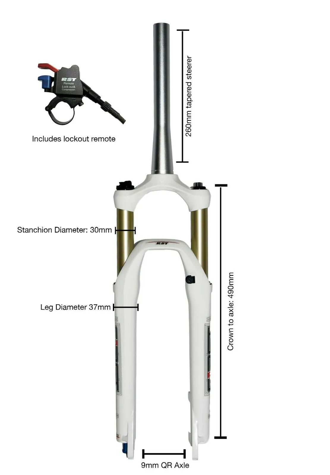 RST First 30 26" MTB Tapered Air Fork - 100mm Travel - Remote Lockout - White