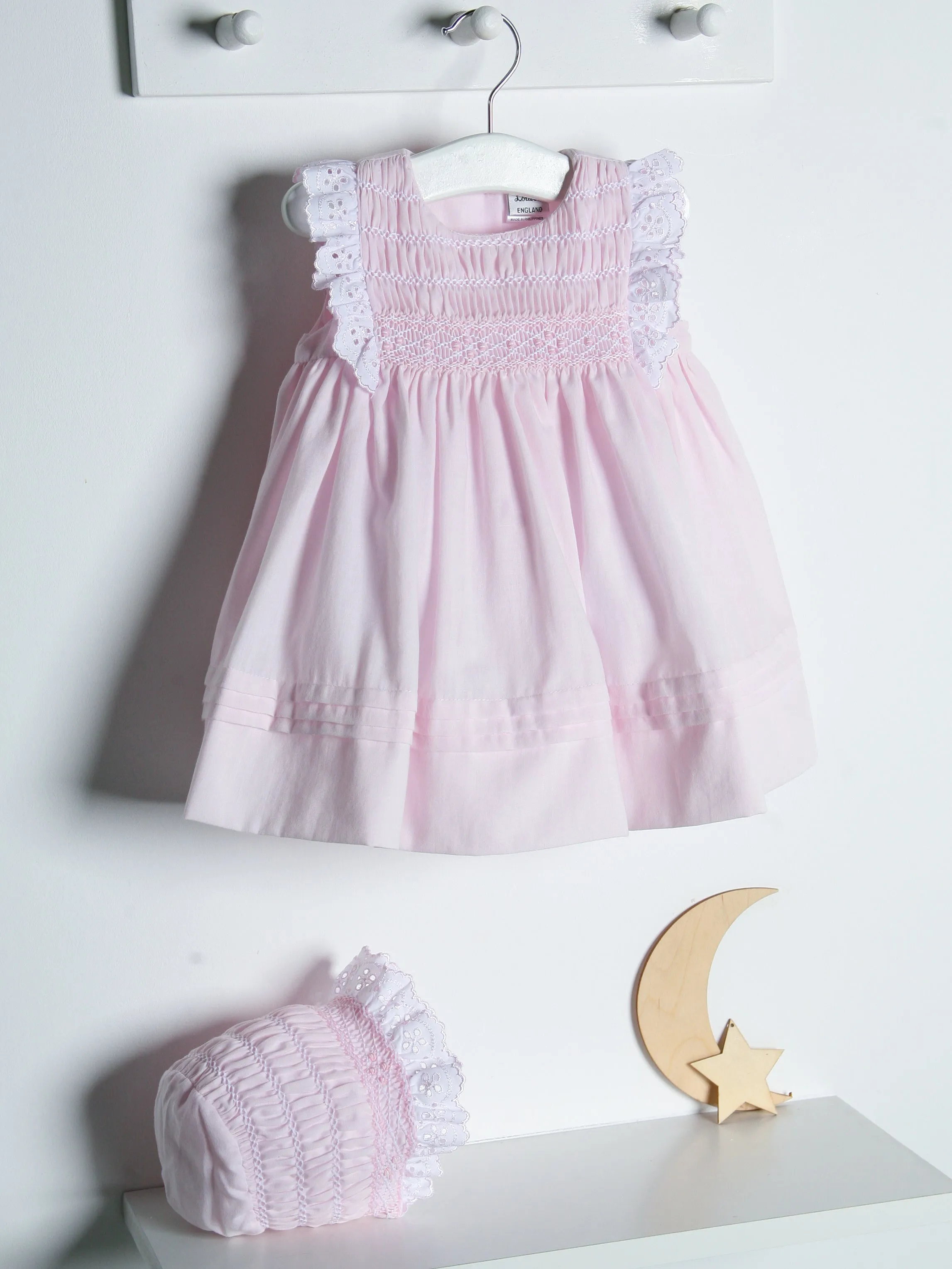 Sarah Louise Pink Handsmocked Dress & Bonnet Set