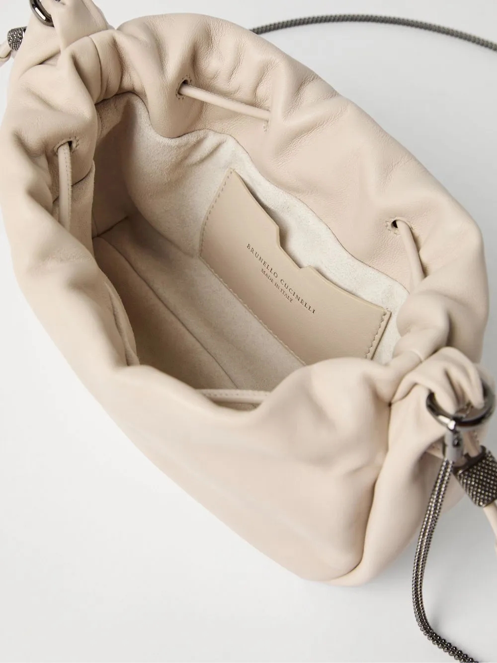Soft leather bucket bag with chain strap