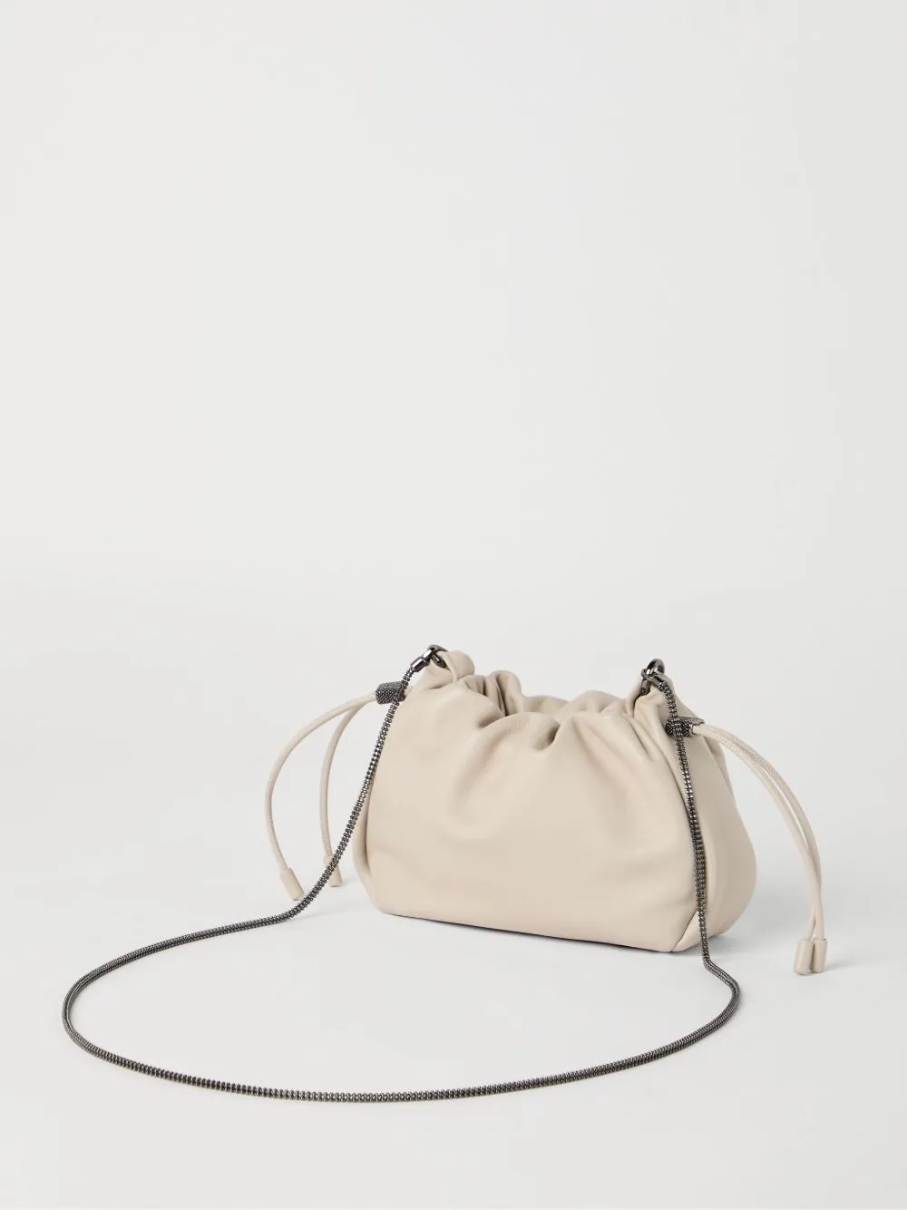 Soft leather bucket bag with chain strap
