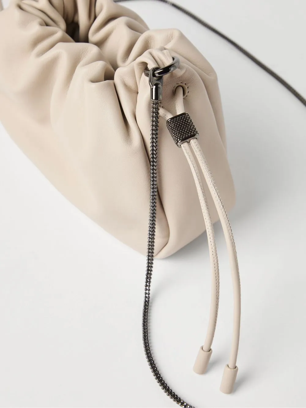 Soft leather bucket bag with chain strap