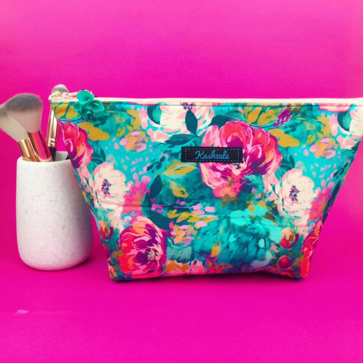 Teal and Pink Floral Large Makeup Bag.