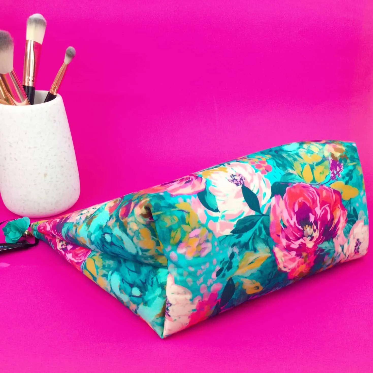 Teal and Pink Floral Large Makeup Bag.