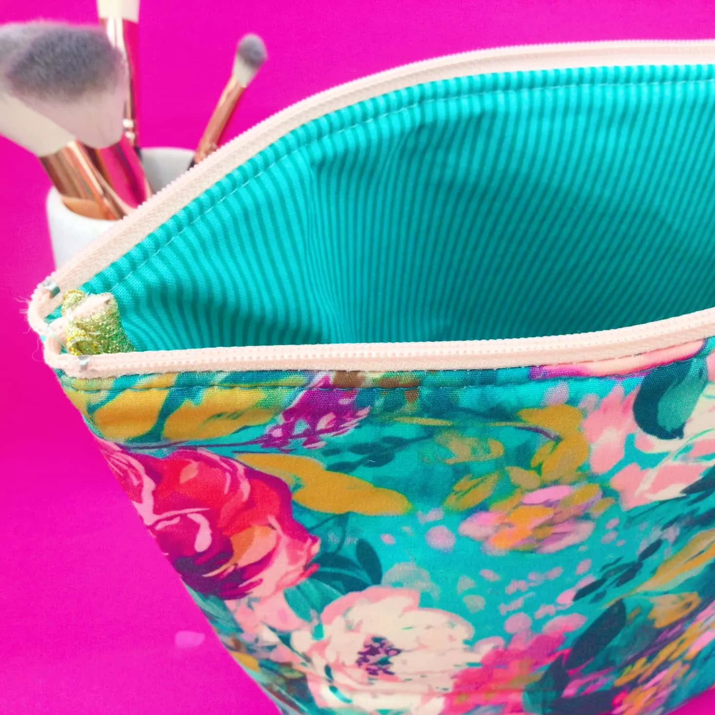 Teal and Pink Floral Large Makeup Bag.