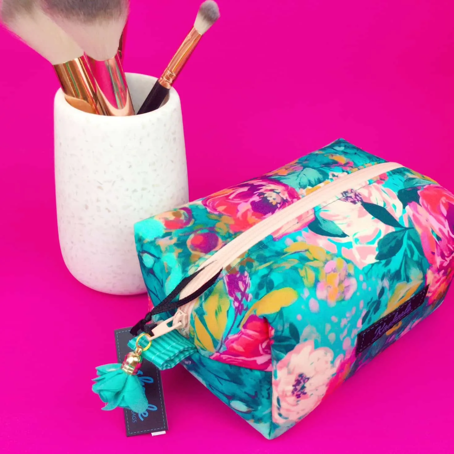 Teal and Pink Floral Medium Box Makeup Bag.