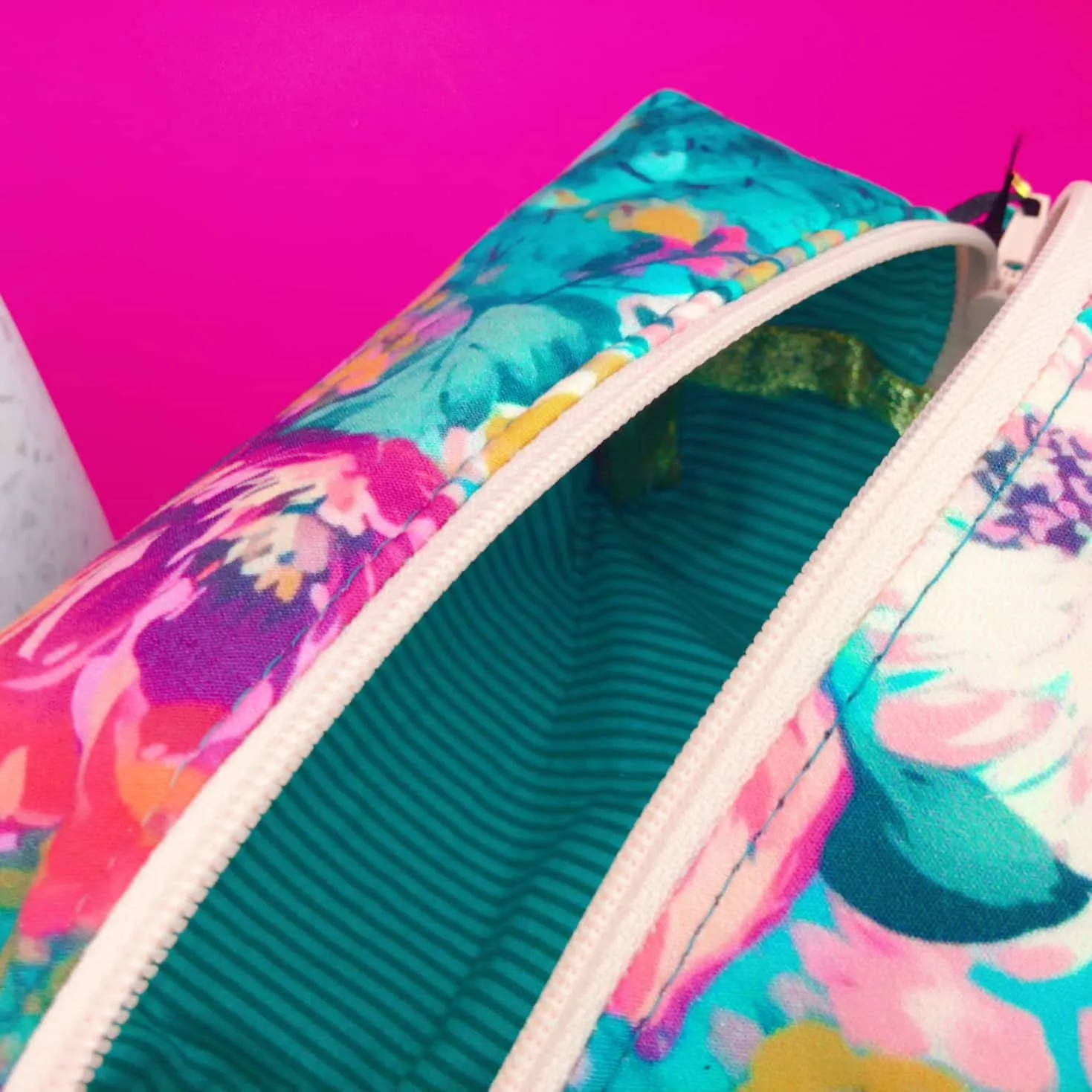 Teal and Pink Floral Medium Box Makeup Bag.