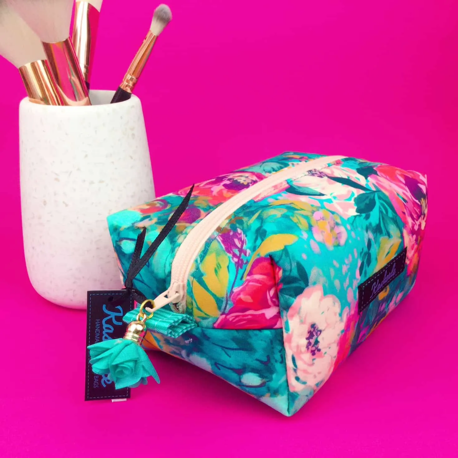 Teal and Pink Floral Medium Box Makeup Bag.