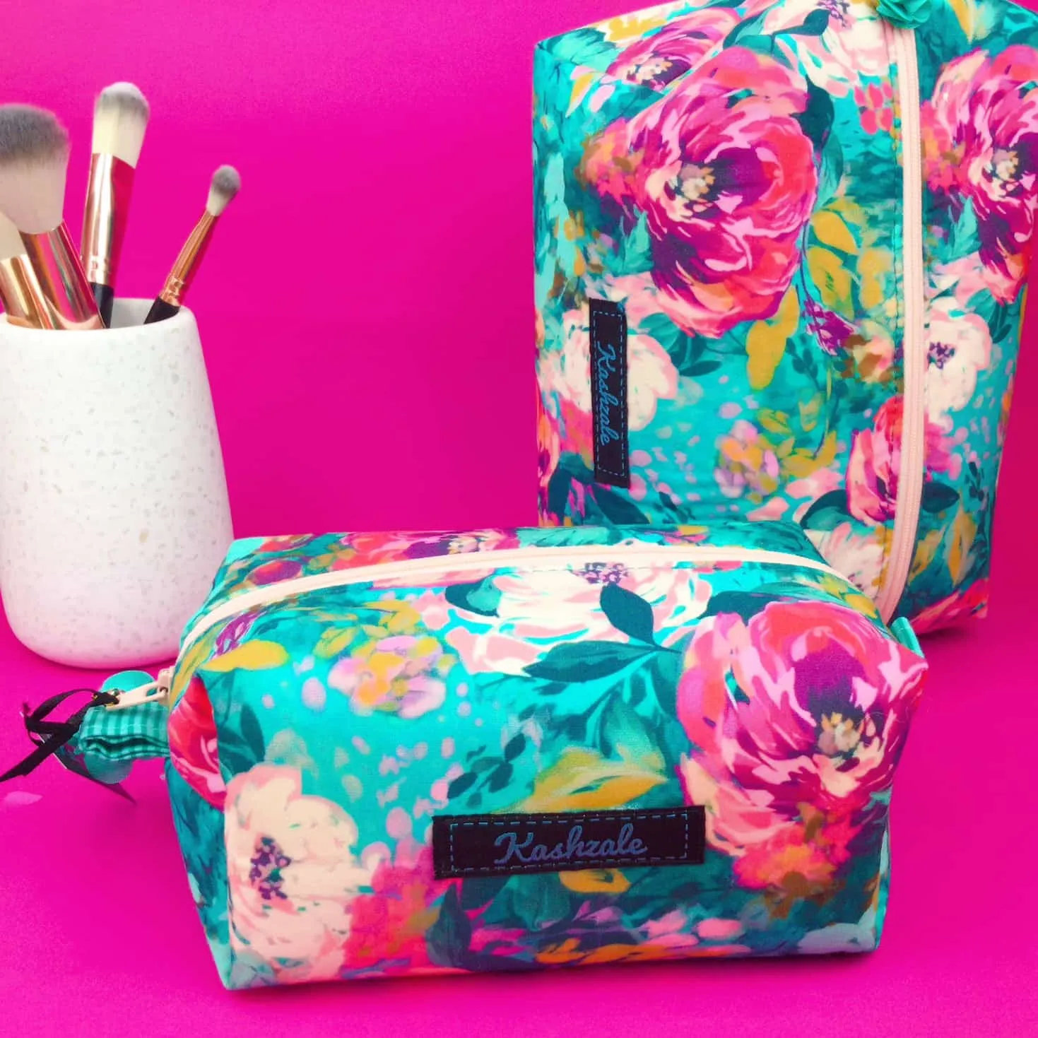 Teal and Pink Floral Medium Box Makeup Bag.