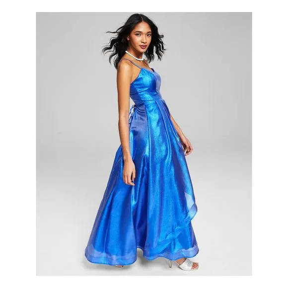 TEEZE ME Womens Blue Up Back Lined Spaghetti Strap Full-Length Gown Dress 1\2