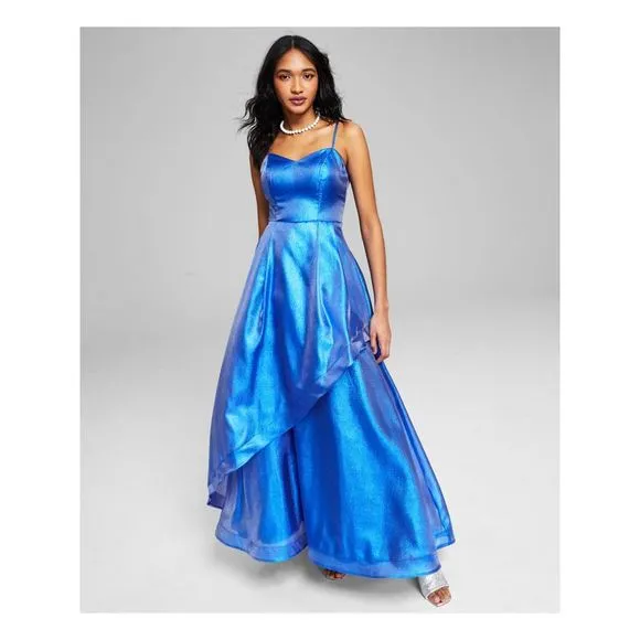 TEEZE ME Womens Blue Up Back Lined Spaghetti Strap Full-Length Gown Dress 1\2
