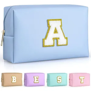 TOPEAST Birthday Gifts for Women, Personalized Initial Makeup Pouch Leather Waterproof Cosmetic Bag Birthday Gifts for Women (Sky Blue A)