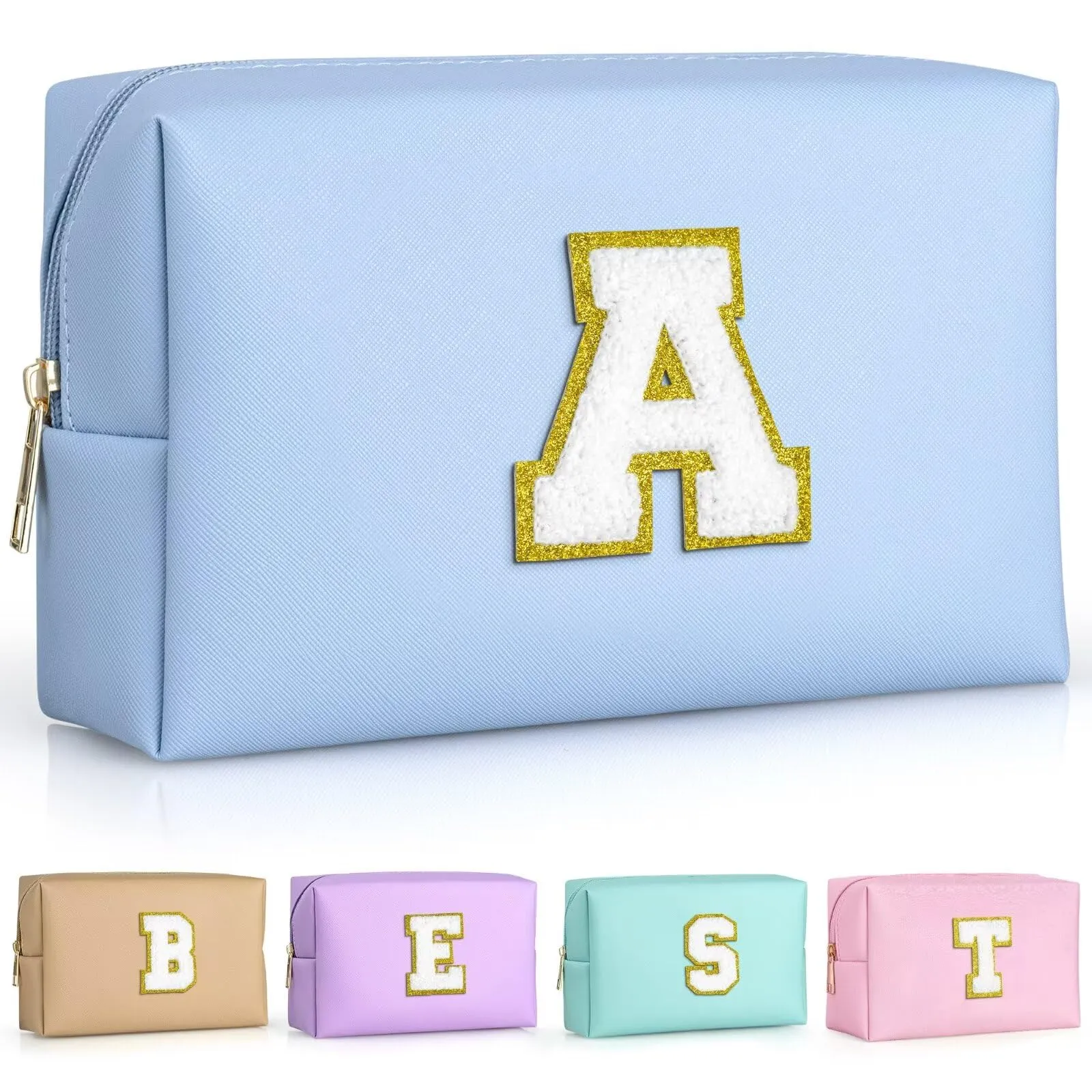 TOPEAST Birthday Gifts for Women, Personalized Initial Makeup Pouch Leather Waterproof Cosmetic Bag Birthday Gifts for Women (Sky Blue A)