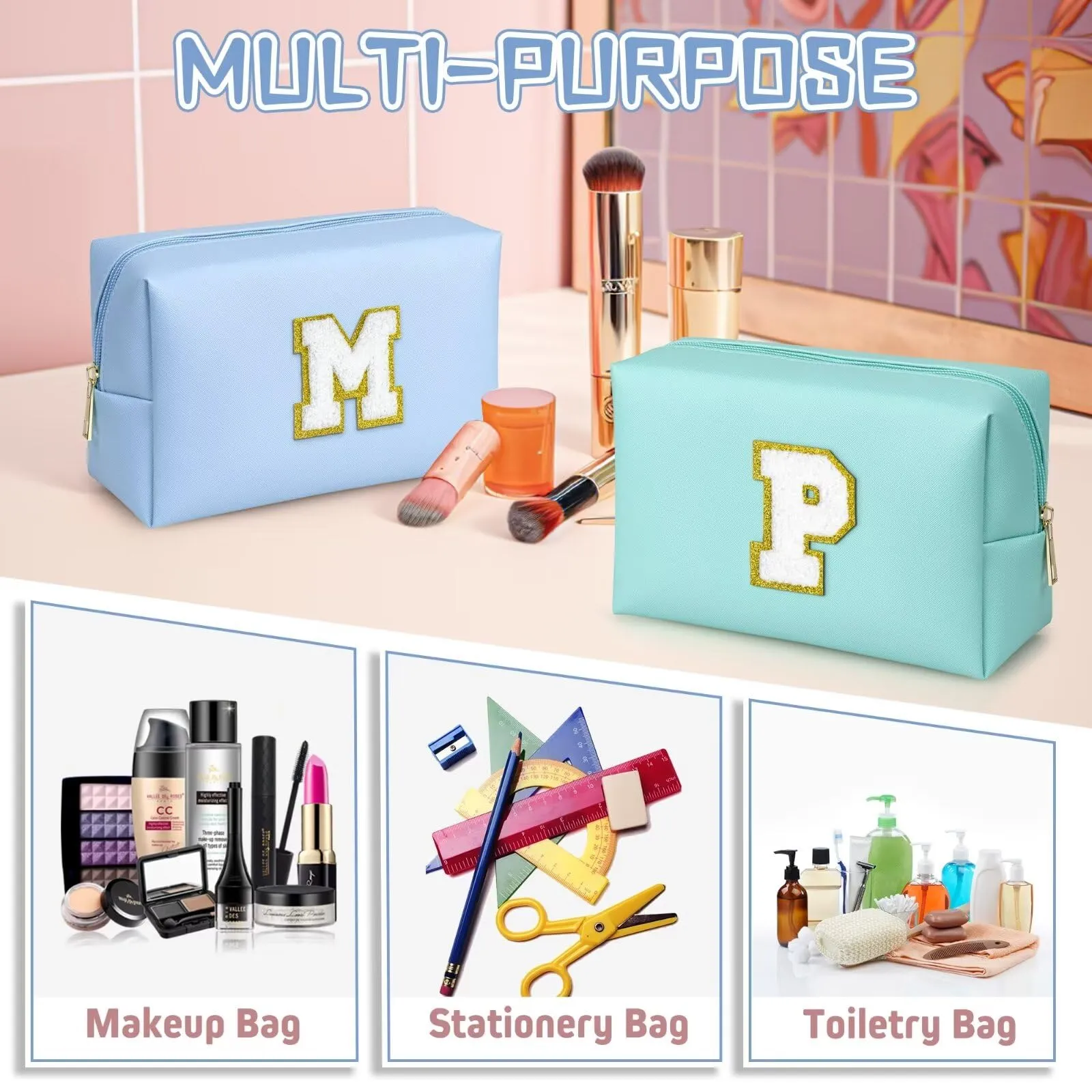 TOPEAST Birthday Gifts for Women, Personalized Initial Makeup Pouch Leather Waterproof Cosmetic Bag Birthday Gifts for Women (Sky Blue A)