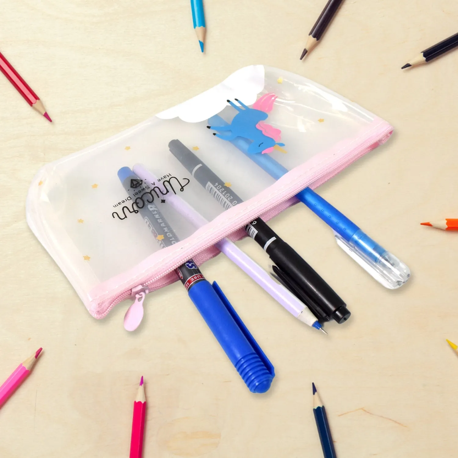 Transparent Unicorn Pencil Zip Pouch Bag (1 Pc)