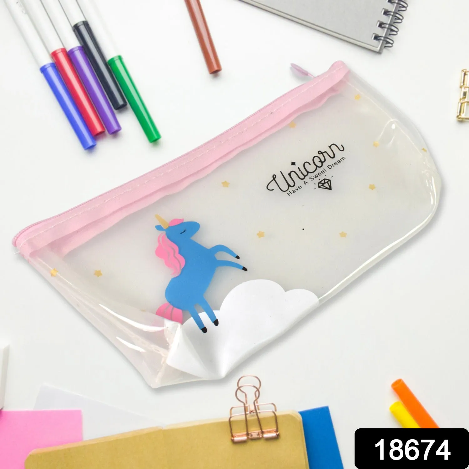 Transparent Unicorn Pencil Zip Pouch Bag (1 Pc)